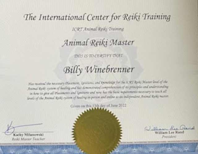 photo of animal Reiki master certificate